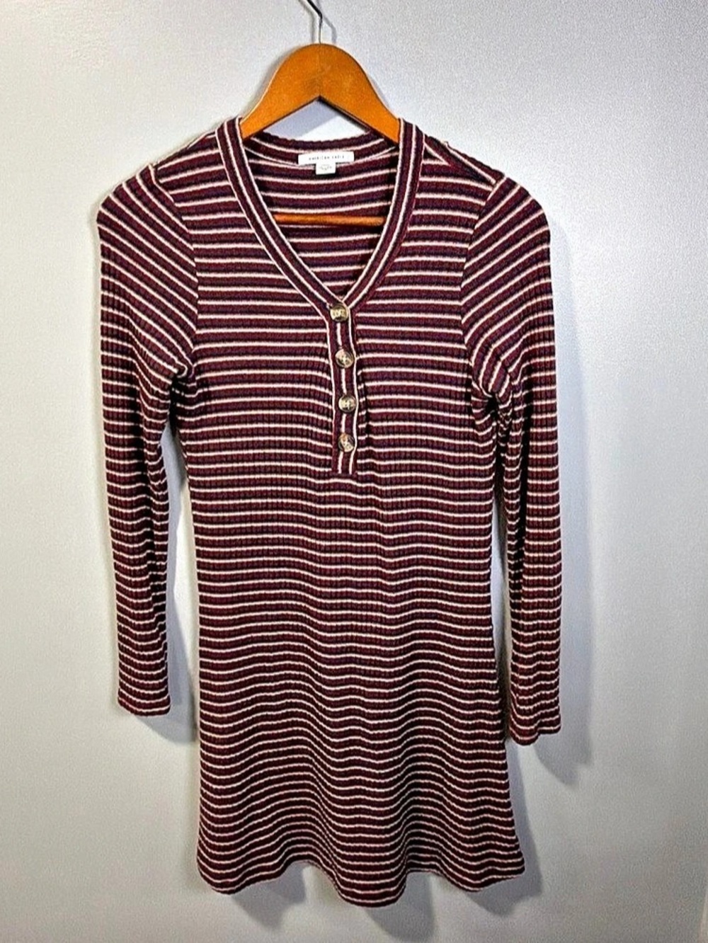 American Eagle Striped Ribbed Henley Dress Mini Dress Brown & Pink Medium